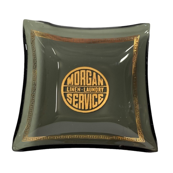 Vintage Ashtray Set Advertising Smoked Glass Gold Morgan Laundry Linen Service - Picture 2 of 9
